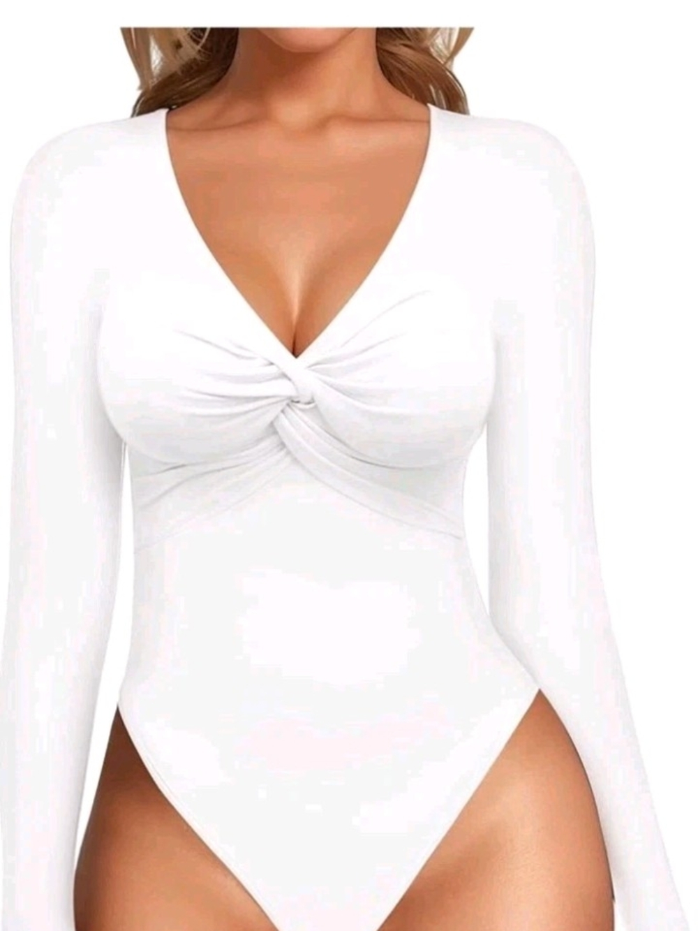 Mango White Twist-Front Long Sleeve Bodysuit